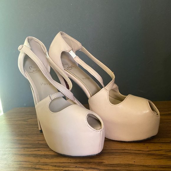 Nude crisscross strap platform peeptoe heels with velcro closure sz 9 - Picture 2 of 10